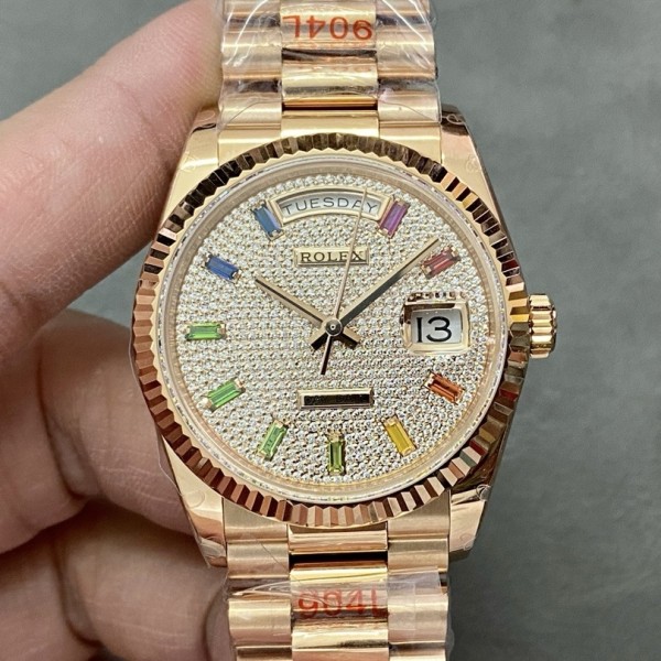 Sunday date display series women's watch with diamond-set dial, rose gold bezel, 36mm case, and rose gold President-style bracelet.